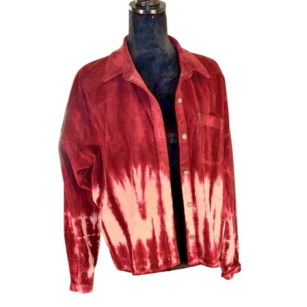 True Craft Shirt Women XL Burgundy Bleach Dip Dye Corduroy Button Down Oversized